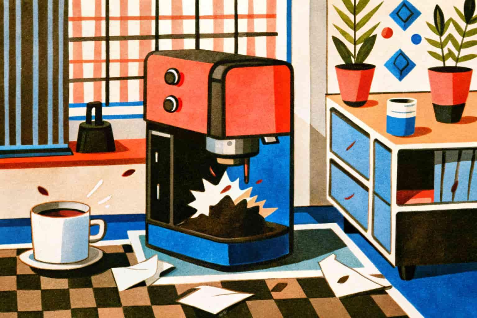 Illustration d\'une machine à café en panne dans une salle de pause