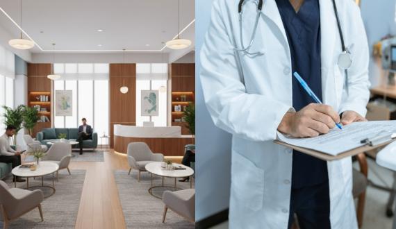 Montage d\'un hall d\'accueil et d\'un médecin remplissant un document