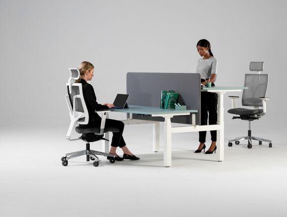 Bureaux ergonomiques réglables avec deux personnes, assise et debout