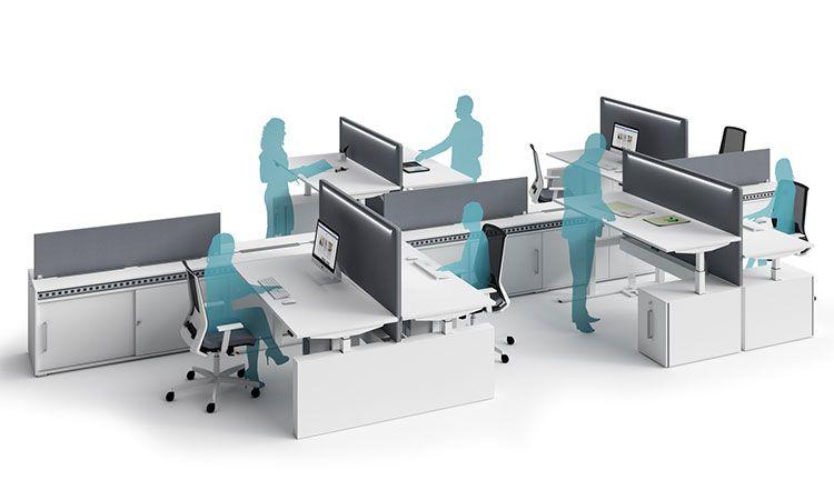 Bureaux réglables en hauteur Baxter, illustration avec silhouettes en transparence