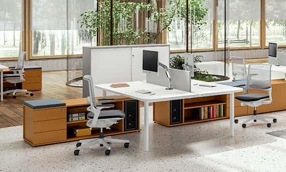 Open space lumineux avec bureaux, fauteuils et plantes vertes