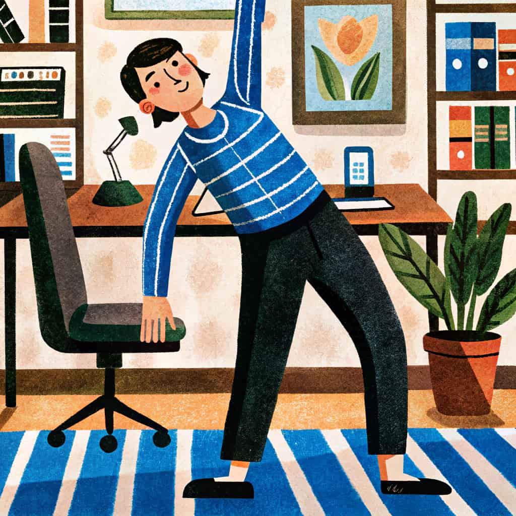 Illustration d\'un homme faisant des étirements debout près de son bureau
