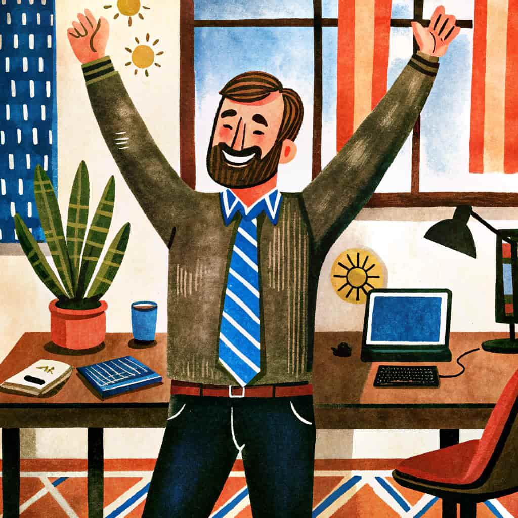 Illustration d\'un homme s\'étirant les bras au-dessus de la tête à son bureau