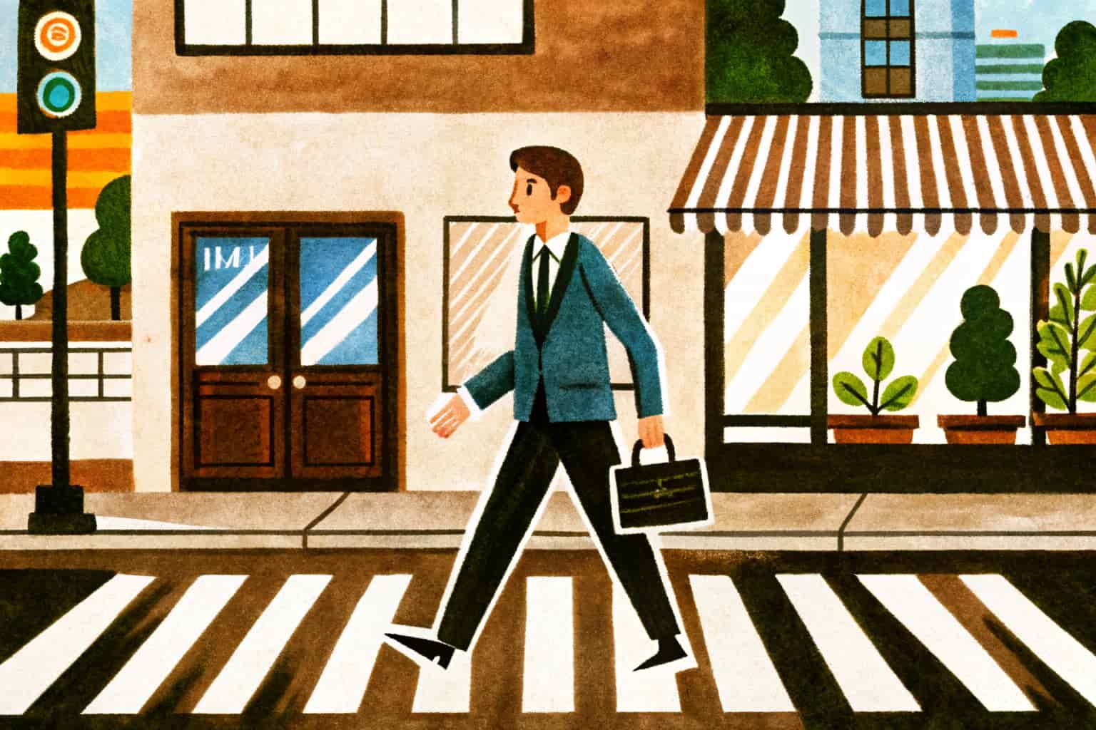 Illustration d\'un homme en costume traversant un passage piéton vers un café