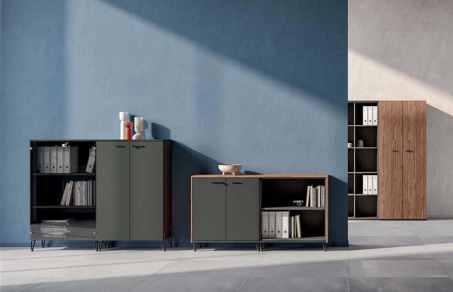 Meuble de rangement de bureau, porte finition boisée coloré ou verre, gamme Cerces - France Bureau