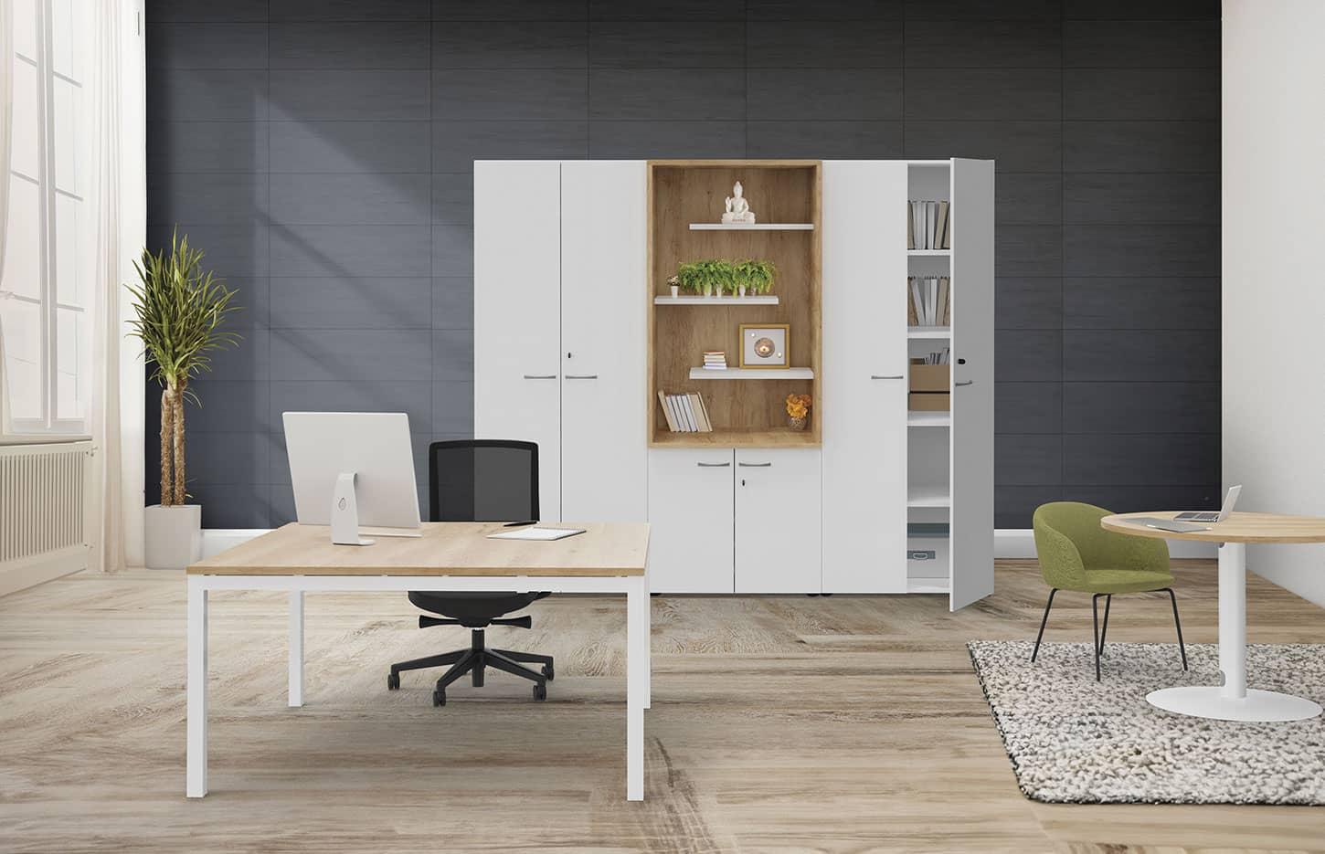 Armoire haute portes battantes et ouvertes en mélaminé blanc, Fabrication Française, gamme Estats - France Bureau