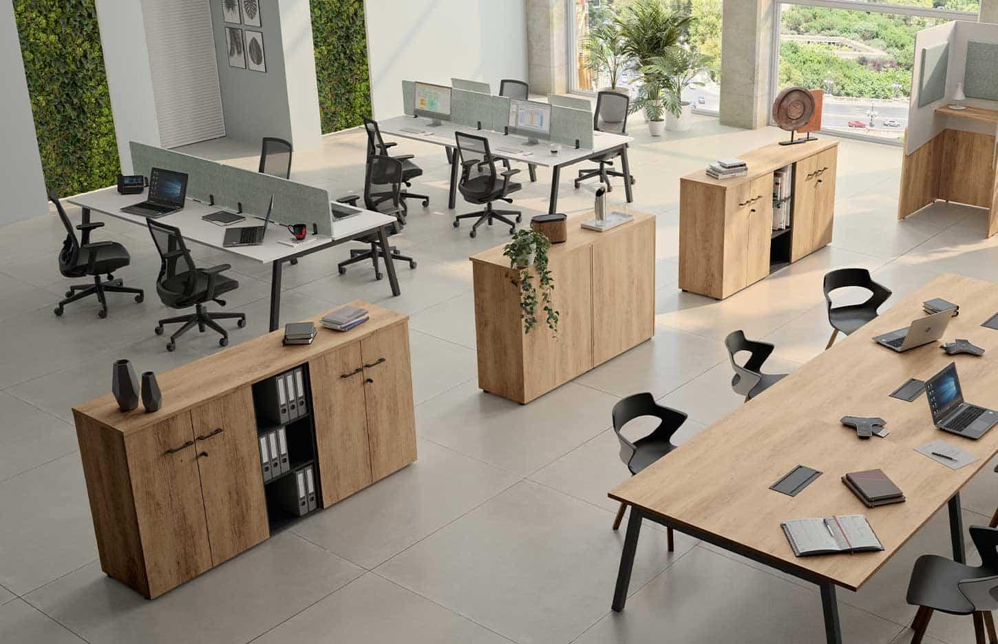 Ensemble armoires basses portes battantes et ouvertes et coulissantes en mélaminé timber et chêne nebraska - Fabrication Française, gamme Estats - France Bureau