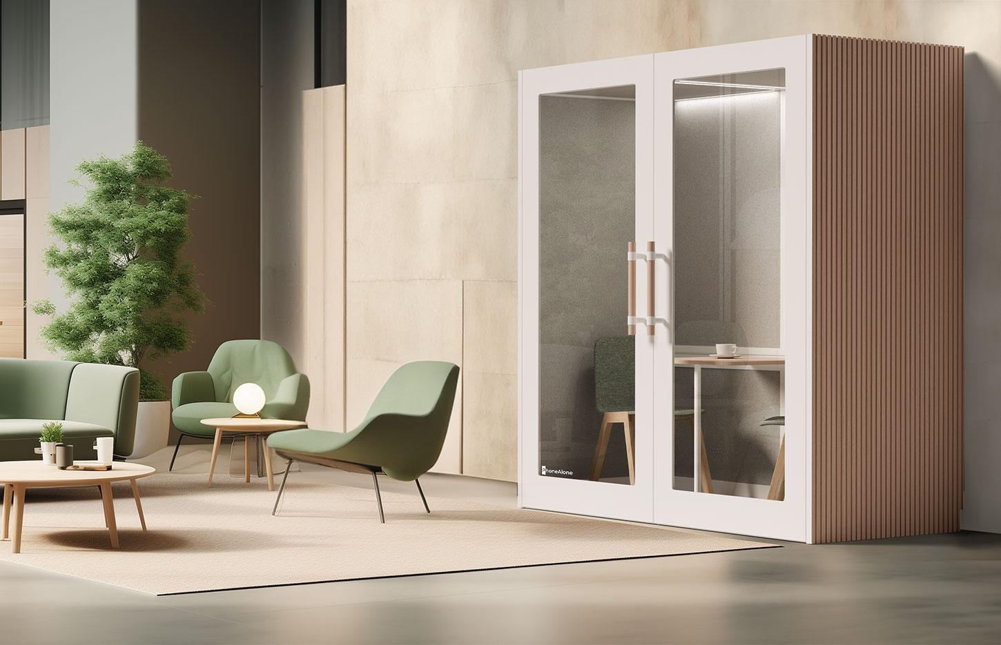 Cabine acoustique Wood 2 places avec tablette et connectique, gamme Koronia wood 2 places - France Bureau