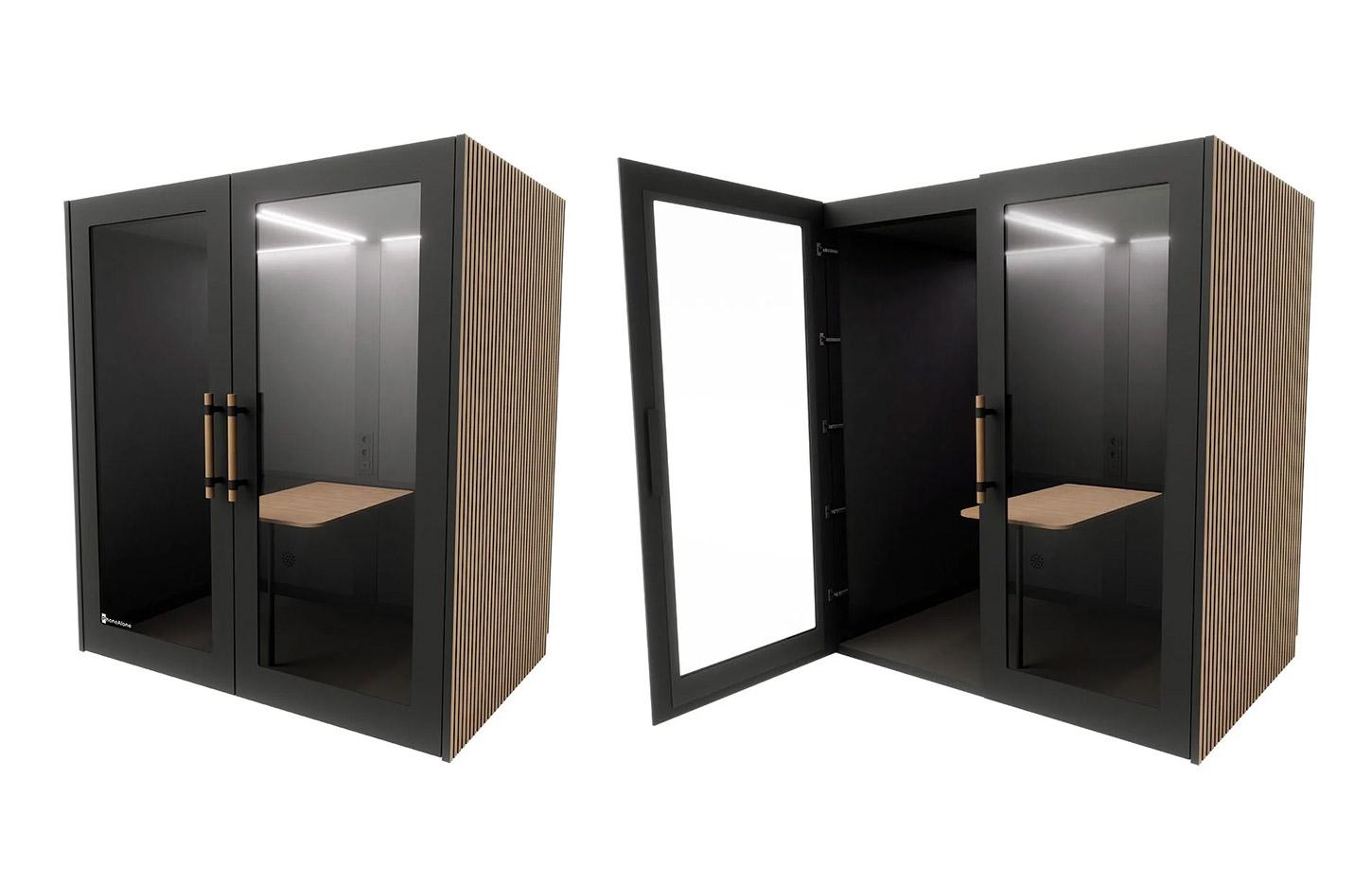 Cabine acoutique noir et bois table mobile avec connectiques, gamme Koronia Wood 4 places - France Bureau