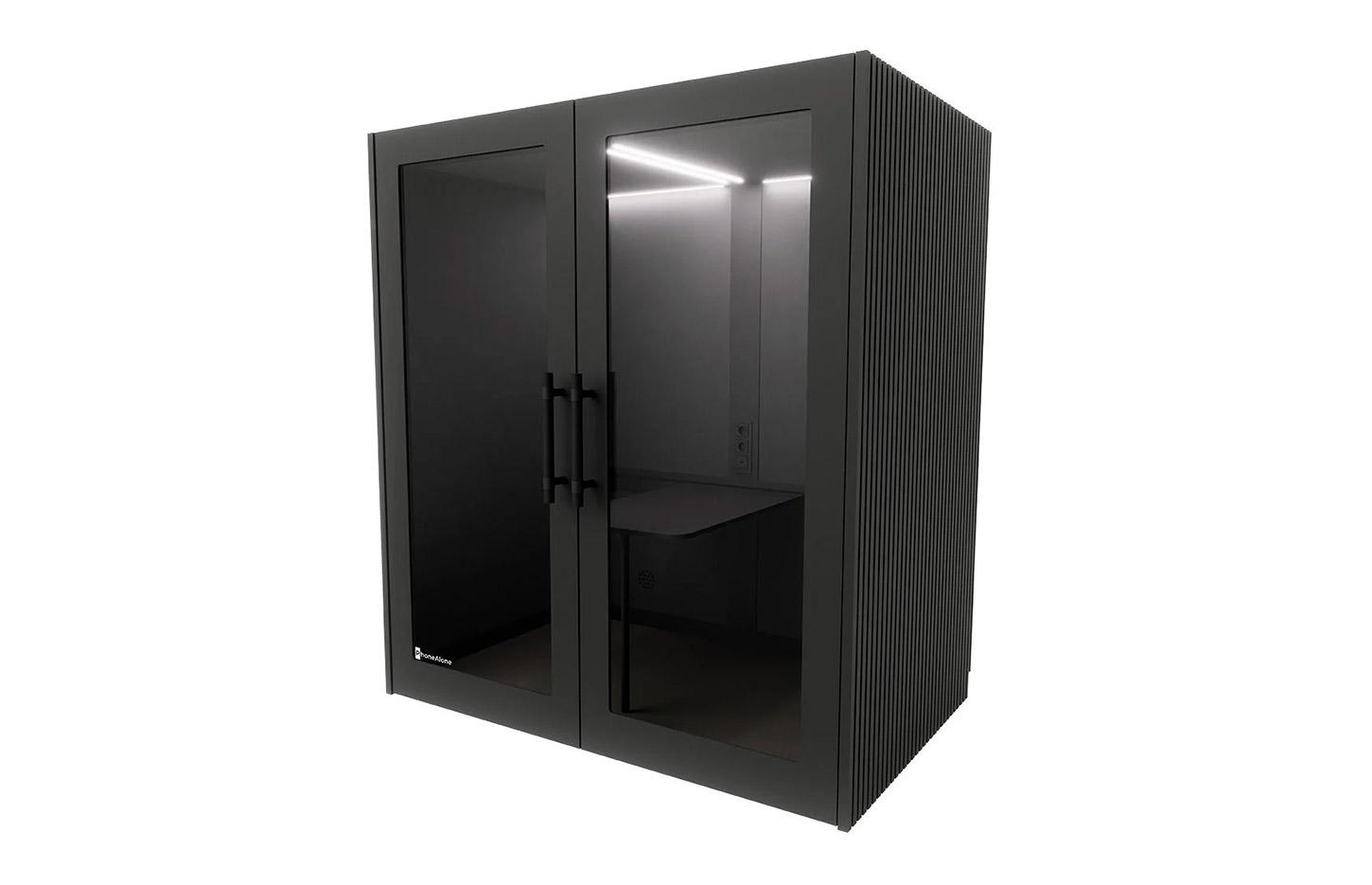 Cabine acoutique noir et bois table mobile avec connectiques, gamme Koronia Wood 4 places - France Bureau