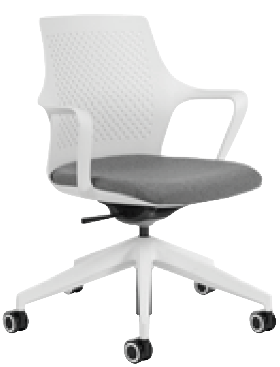 Siège d'atelier Avon coque blanche et assise grise, piétement blanc à roulettes avec repose-pieds
