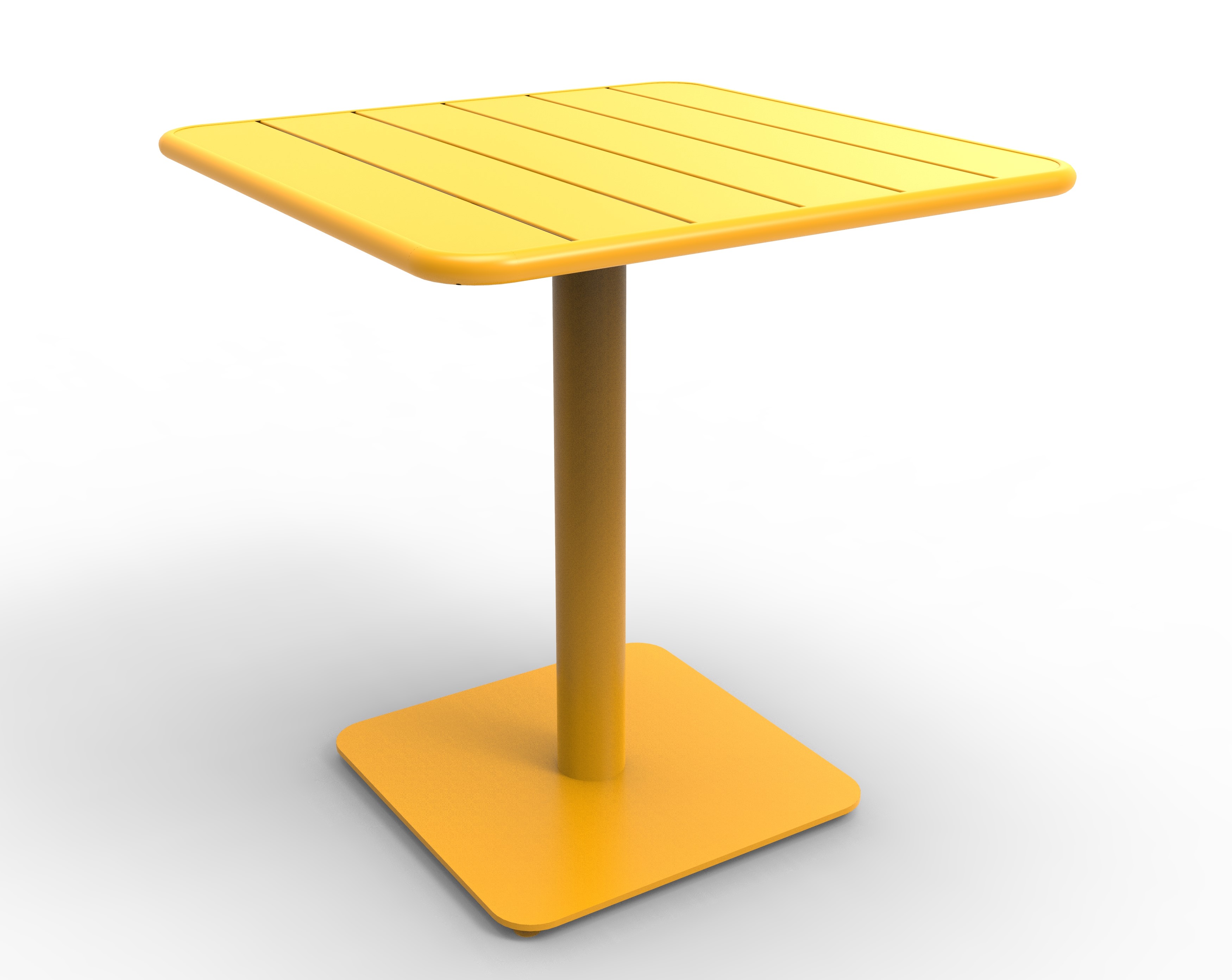 Table Bimini, plateau carré à lattes coloris jaune, piétement central et base carrée