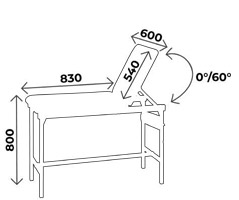 Sch&eacute;ma divan d'examen p&eacute;diatrie : longueur 830 mm, hauteur 800 mm, dossier inclinable 0&deg;/60&deg;