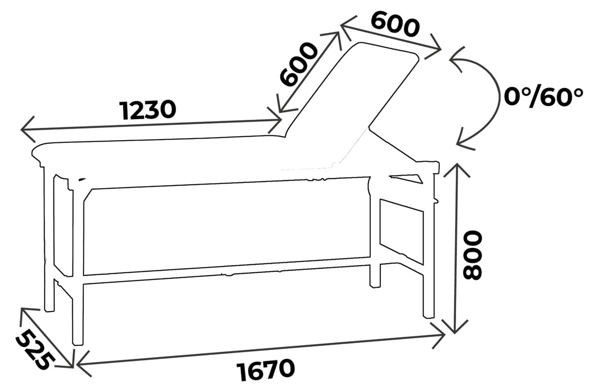 Sch&eacute;ma divan d'examen fixe Exam'Fix : longueur 1670 mm, hauteur 800 mm, dossier inclinable 0&deg;/60&deg;