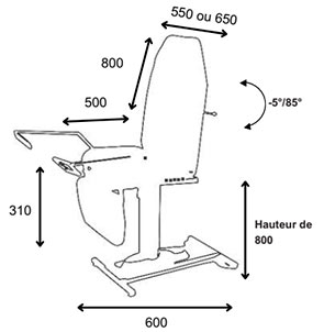 Schema fauteuil de prelevement Gina, vue de profil avec accoudoir, cotes et inclinaison -5/85 degres