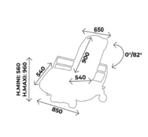 Schema siege Mulka, cotes d'assise et inclinaison reglable 0-82 degres, largeur 85 cm