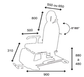 Schema fauteuil de prelevement Orea, vue de profil avec accoudoir, hauteur reglable et inclinaison