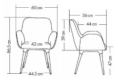 Sch&eacute;ma des dimensions du fauteuil Abseron &agrave; 4 pieds bois : vues de face et de profil avec cotes en centim&egrave;tres