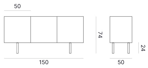 Schéma des dimensions du buffet de rangement Acasta 3 portes : largeur 150 cm, hauteur 74 cm, profondeur 50 cm