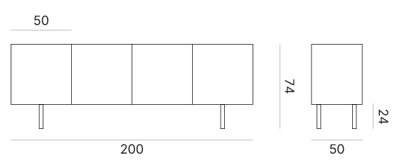 Schéma des dimensions du buffet de rangement Acasta 4 portes : largeur 200 cm, hauteur 74 cm, profondeur 50 cm