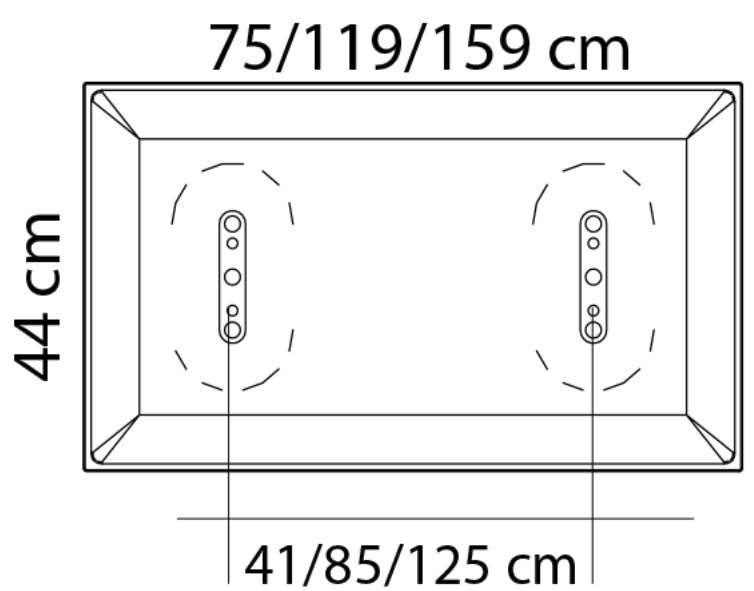 Sch&eacute;ma des dimensions des panneaux privatifs Adamello : largeurs 75/119/159 cm, hauteur 44 cm