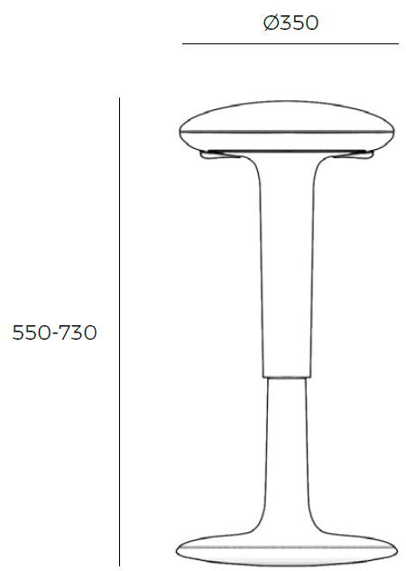 Sch&eacute;ma des dimensions du tabouret assis-debout Adams : assise &Oslash; 35 cm, hauteur r&eacute;glable 55 &agrave; 73 cm