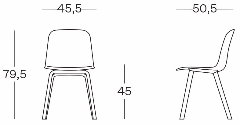 Sch&eacute;ma des dimensions de la chaise Adda &agrave; 4 pieds bois : largeur 45,5 cm, hauteur 79,5 cm, assise 45 cm