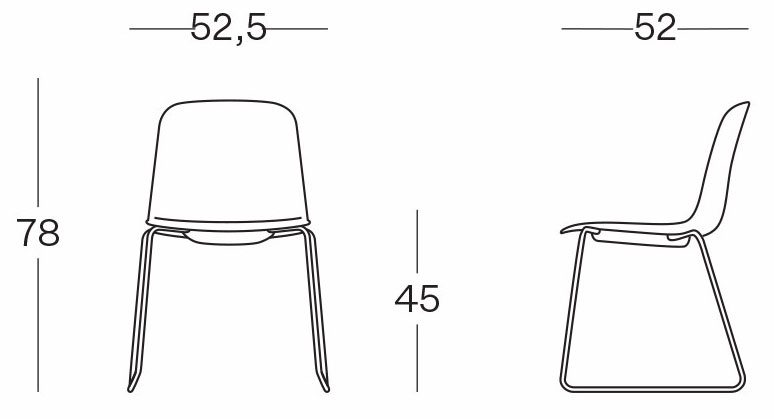 Sch&eacute;ma des dimensions de la chaise Adda &agrave; pi&eacute;tement luge : largeur 52,5 cm, hauteur 78 cm, assise 45 cm