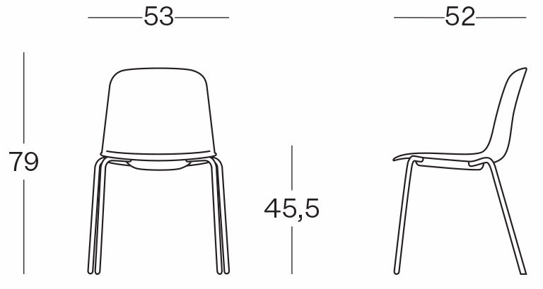 Sch&eacute;ma des dimensions de la chaise Adda &agrave; pi&eacute;tement 4 pieds : largeur 53 cm, hauteur 79 cm, assise 45,5 cm