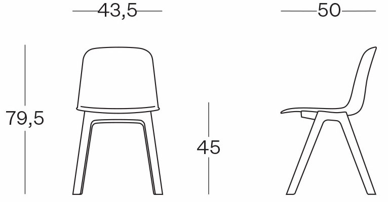 Sch&eacute;ma des dimensions de la chaise Adda &agrave; 4 pieds : largeur 43,5 cm, hauteur 79,5 cm, assise 45 cm