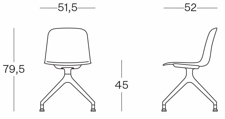 Sch&eacute;ma des dimensions de la chaise Adda &agrave; pi&eacute;tement &eacute;toile : largeur 51,5 cm, hauteur 79,5 cm, assise 45 cm