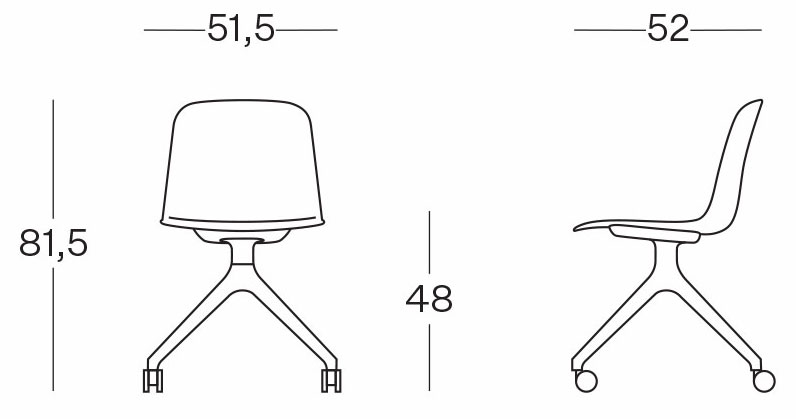 Sch&eacute;ma des dimensions de la chaise Adda &agrave; pi&eacute;tement &eacute;toile sur roulettes : largeur 51,5 cm, hauteur 81,5 cm, assise 48 cm