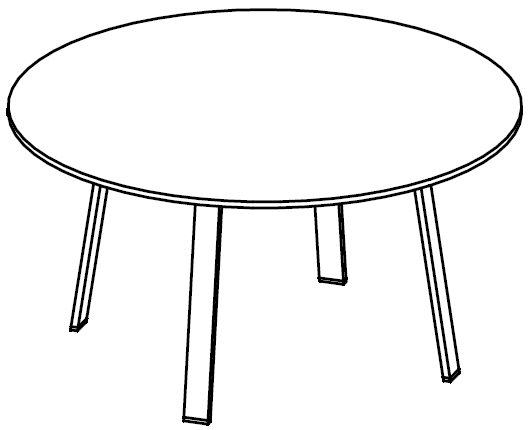 Sch&eacute;ma au trait de la table ronde Akka &Oslash; 120 cm, pi&eacute;tement 4 pieds, en perspective