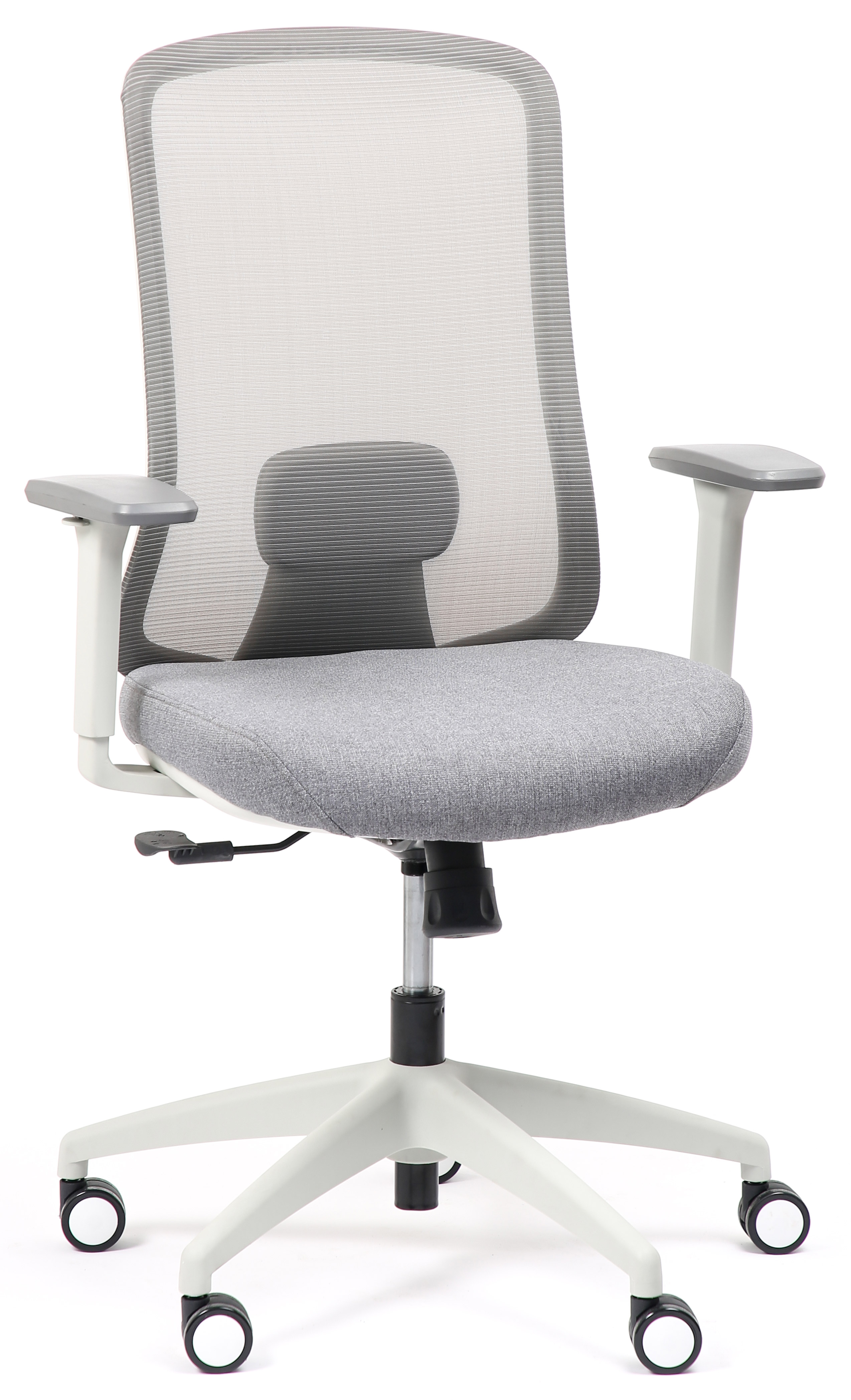 Si&egrave;ge de bureau Alani : dossier r&eacute;sille et assise gris clair, pi&eacute;tement &eacute;toile blanc sur roulettes