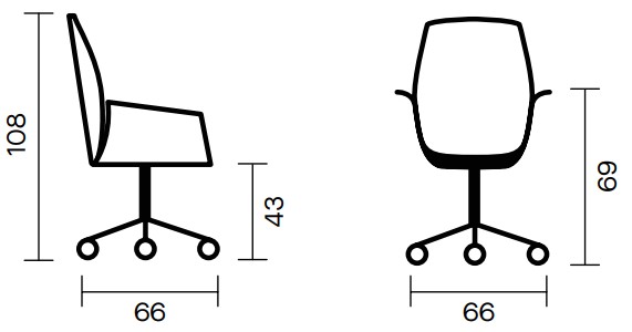 Sch&eacute;ma du fauteuil visiteur Albaretto : vues de profil et de face avec cotes, hauteur 108 cm, assise 43 cm
