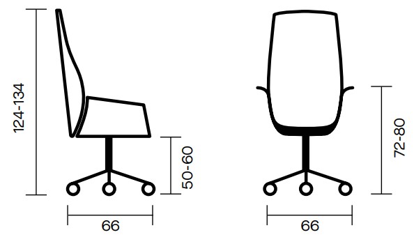 Sch&eacute;ma du fauteuil de direction Albaretto : vues de profil et de face avec cotes, hauteur 124-134 cm, assise 50-60 cm