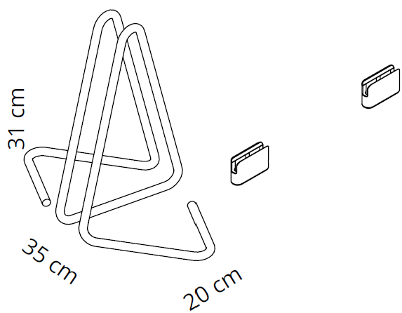 Schéma du piétement triangulaire Alveria avec cotes 31, 35 et 20 cm et clips de fixation