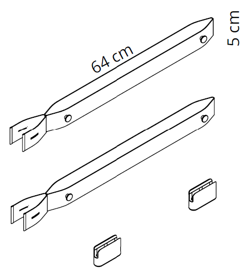 Schéma des traverses de liaison Alveria de 64 cm avec leurs pièces de fixation