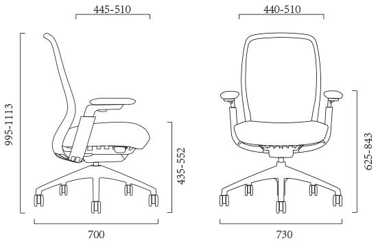 Sch&eacute;ma du si&egrave;ge ergonomique Alzeta : vues de profil et de face avec cotes, hauteur 995-1113 mm