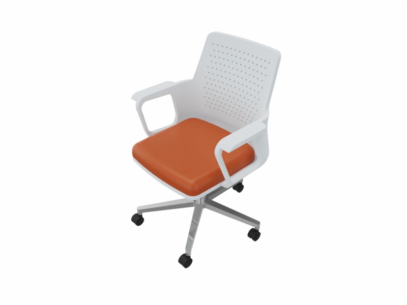 Siège de réunion Ange : coque blanche et assise orange, piétement étoile à roulettes, vue de trois quarts