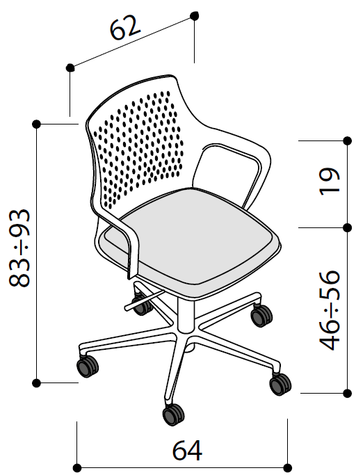 Sch&eacute;ma du si&egrave;ge de bureau Ange sur roulettes : vue en perspective avec cotes, hauteur 83-93 cm