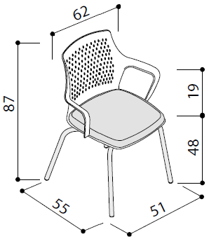 Sch&eacute;ma du si&egrave;ge Ange sur pi&eacute;tement quatre pieds : vue en perspective avec cotes, hauteur 87 cm
