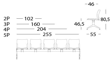 Schéma de la poutre d'attente Annone : largeurs de 2 à 5 places (102 à 255 cm) et vue de profil cotée