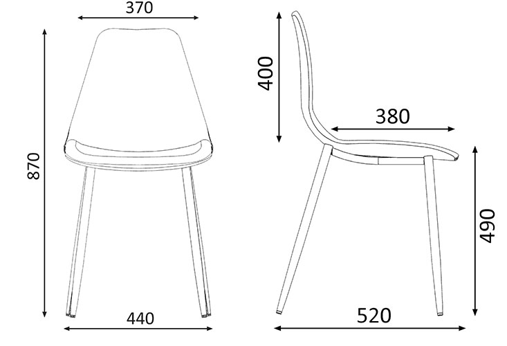 Sch&eacute;ma de la chaise Antelao : vues de face et de profil avec cotes, hauteur 870 mm