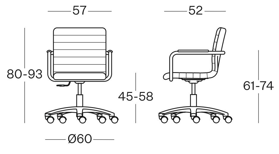 Sch&eacute;ma du fauteuil Antola sur roulettes : vues de face et de profil avec cotes, hauteur 80-93 cm