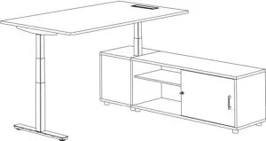 Sch&eacute;ma du bureau assis-debout Arly avec meuble bas de rangement en retour, vue en perspective
