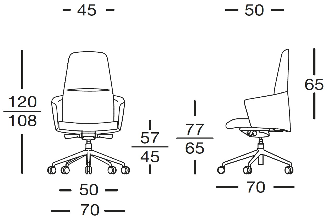 Sch&eacute;ma cotes fauteuil Ashi dossier haut sur roulettes : largeur 45, hauteur 108-120 cm, vues de face et de profil