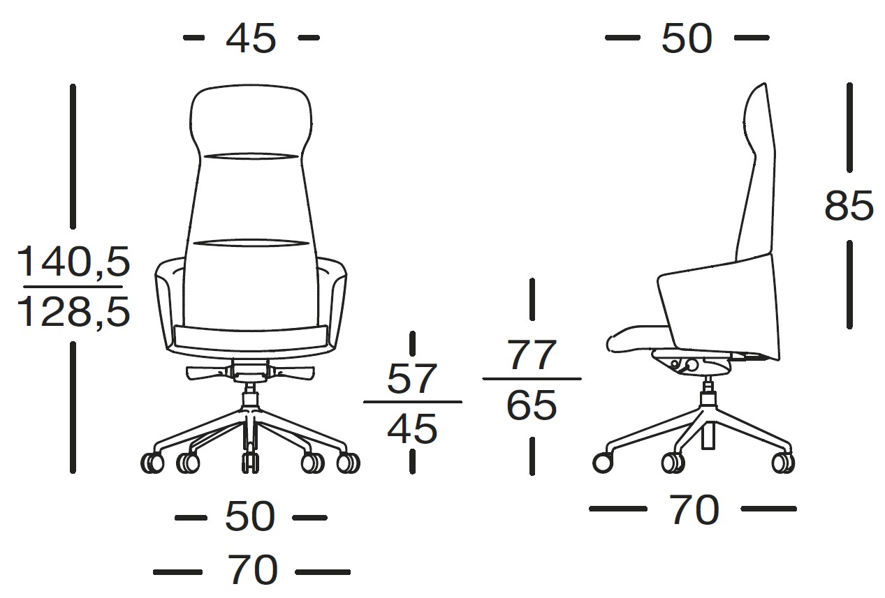 Sch&eacute;ma cotes fauteuil direction Ashi grand dossier avec t&ecirc;ti&egrave;re, hauteur 128,5-140,5 cm, largeur 45 : face et profil