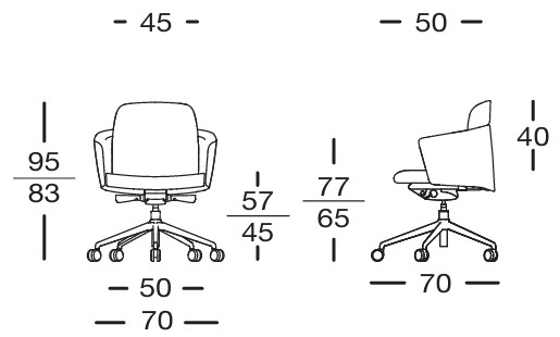 Sch&eacute;ma cotes fauteuil de bureau Ashi &agrave; accoudoirs, assise r&eacute;glable 83-95 cm, largeur 45 : vues de face et de profil