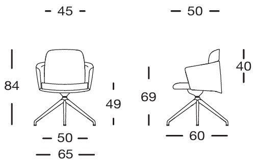 Sch&eacute;ma cotes si&egrave;ge Ashi avec accoudoirs sur pi&eacute;tement 4 branches : largeur 45, hauteur 84 cm, vues face et profil